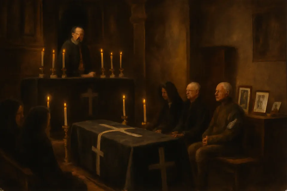 Illustration of a priest offering the second of three Masses on All Souls Day in 1915 for soldiers killed in the war, with grieving families in the pews