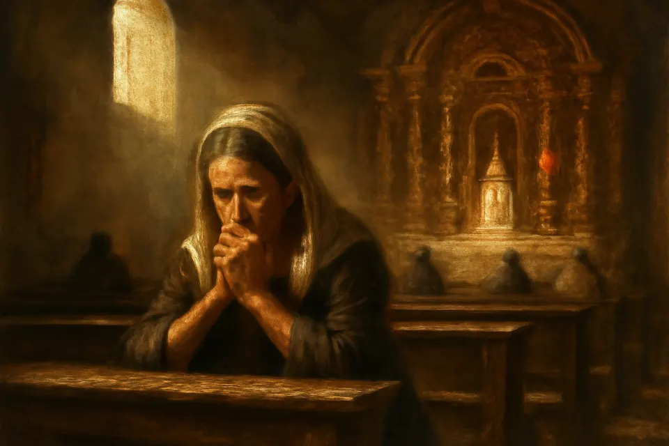 Ilustración en estilo óleo de una mujer arrodillada en un banco de una iglesia colonial después de comulgar, con los ojos cerrados y las manos juntas, y el sagrario iluminado al fondo