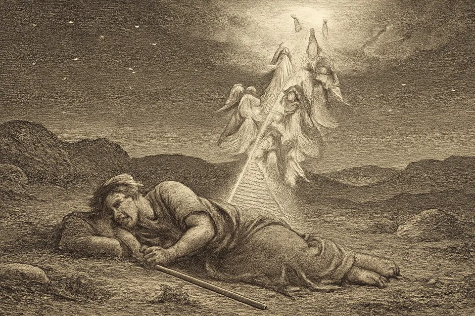 Engraving-style illustration of Jacob asleep on a stone in the desert while angels climb up and down a great ladder of light reaching into the clouds