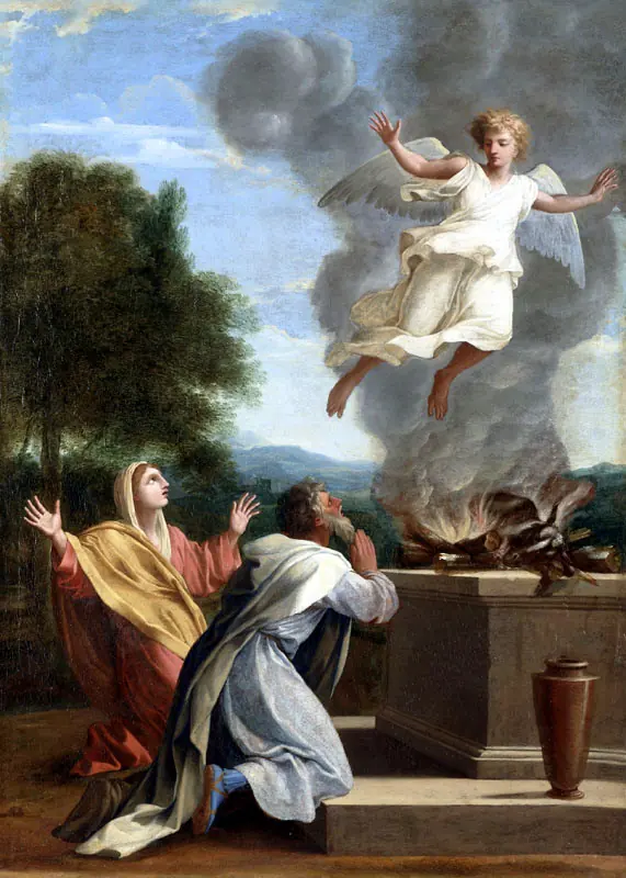 French Baroque painting of an angel in white rising into the sky above a smoking stone altar, while Manoah and his wife kneel with arms raised in awe
