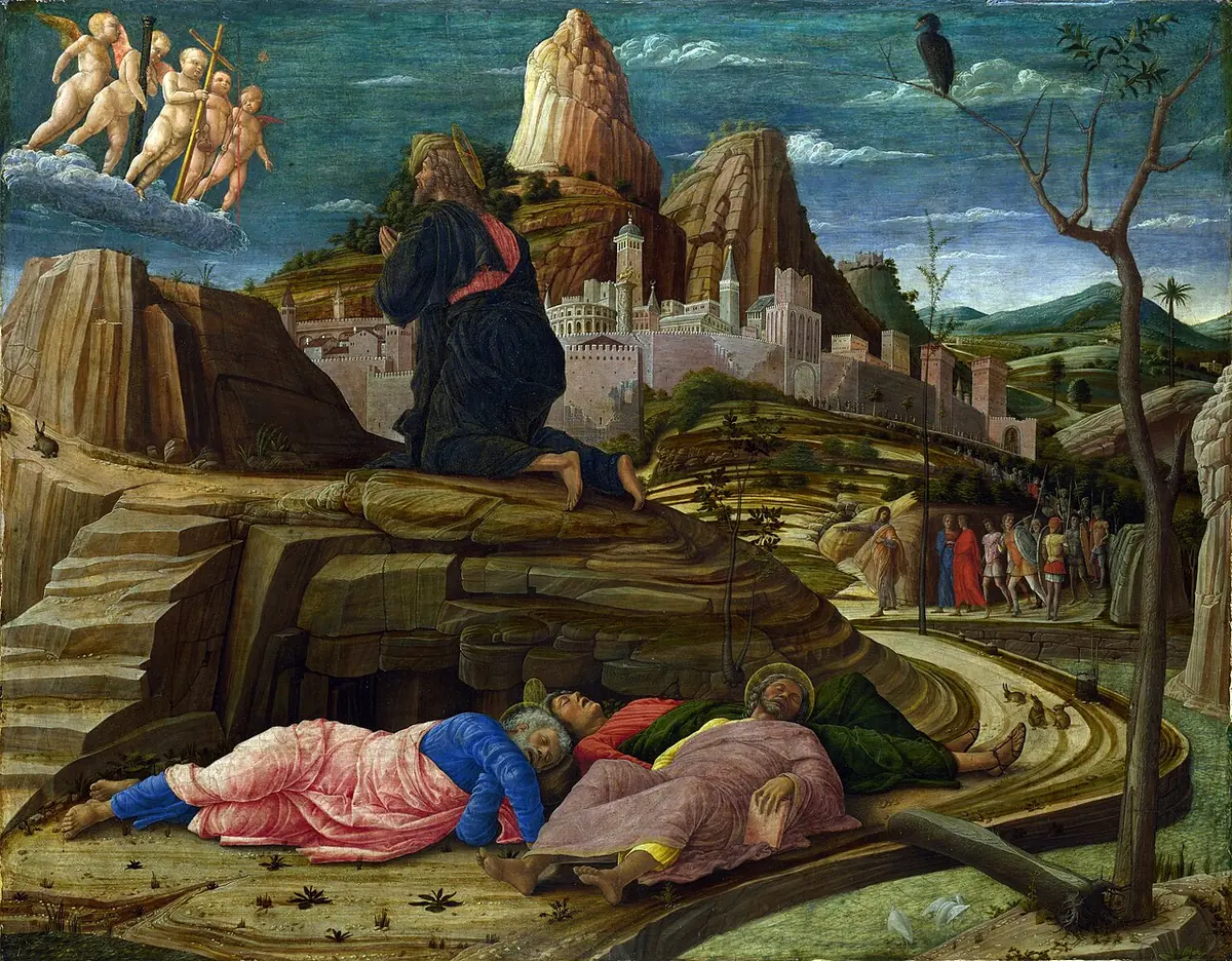 Renaissance painting of Christ kneeling in prayer on a rock while small angels on a cloud show him the instruments of the Passion and three apostles sleep below