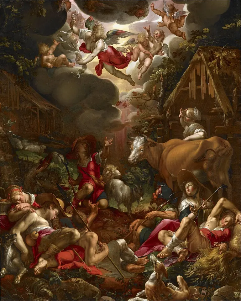 Crowded Dutch painting of shepherds and their animals sprawled in amazement under a burst of light where angels and cherubs appear in the night sky