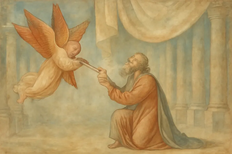 Fresco-style illustration of a six-winged seraph touching the lips of the kneeling prophet Isaiah with a glowing coal in the Temple