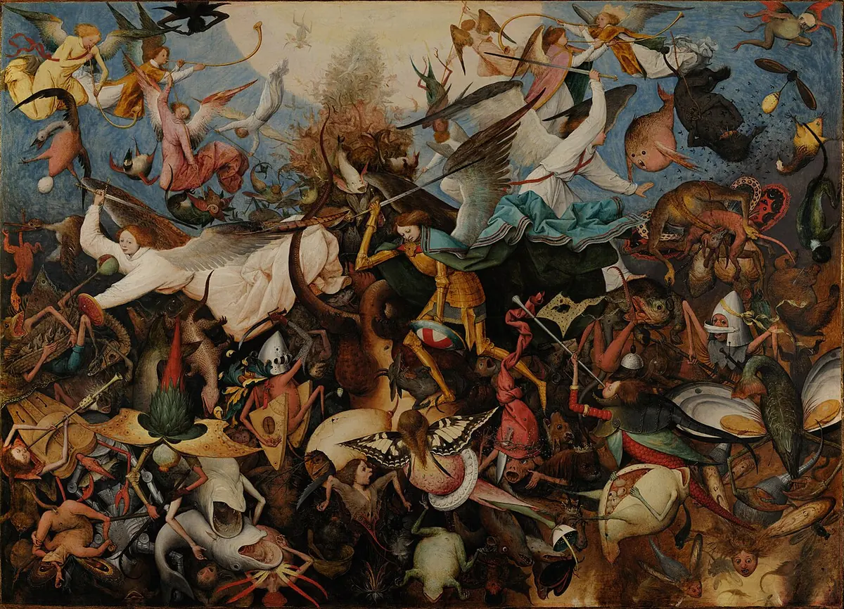Crowded oil painting of St. Michael in golden armor and angels in white driving monstrous creatures down from a bright sky