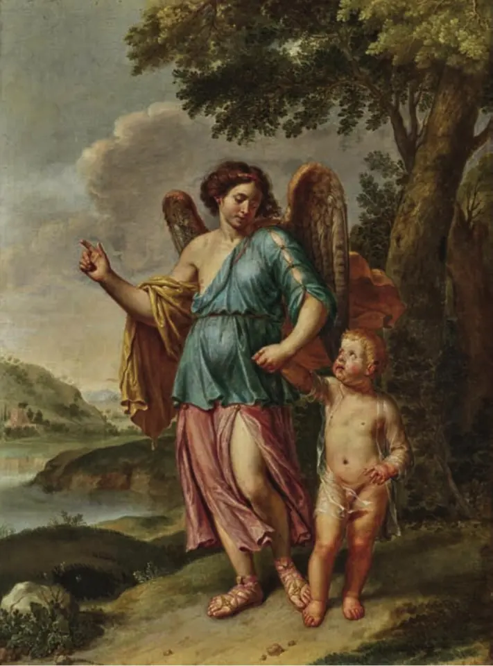 Baroque painting of a tall angel in a blue tunic and red cloak leading a small child by the hand through a landscape, pointing upward
