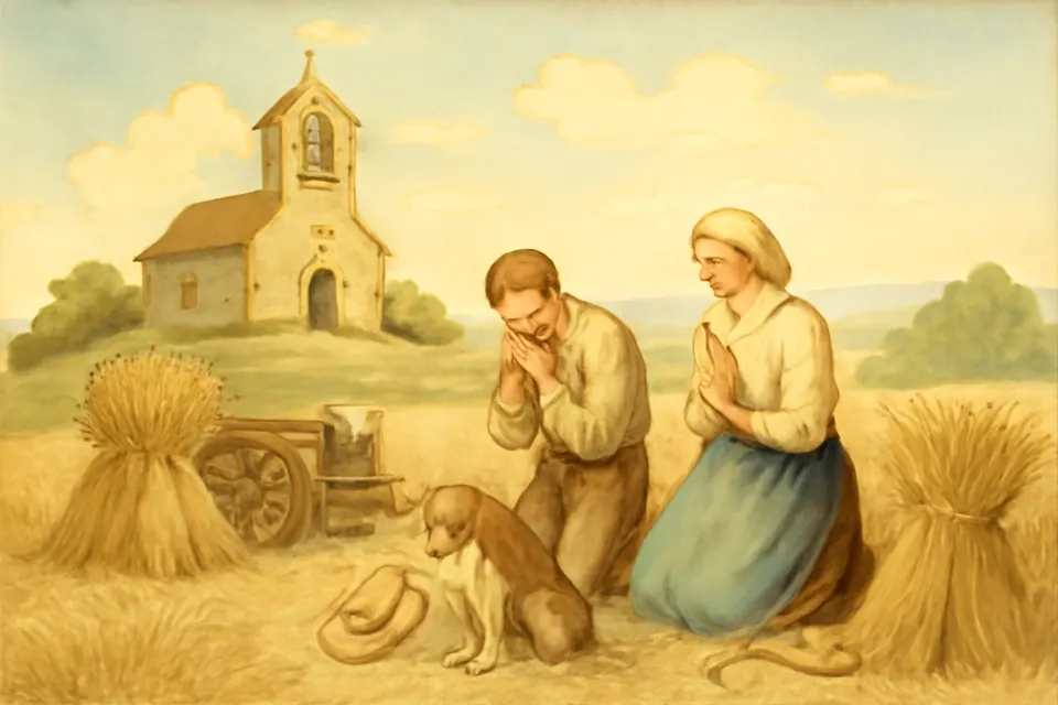 Watercolor illustration of a village church bell tower at noon, with a farmer and his wife pausing in a wheat field to pray as the bell rings