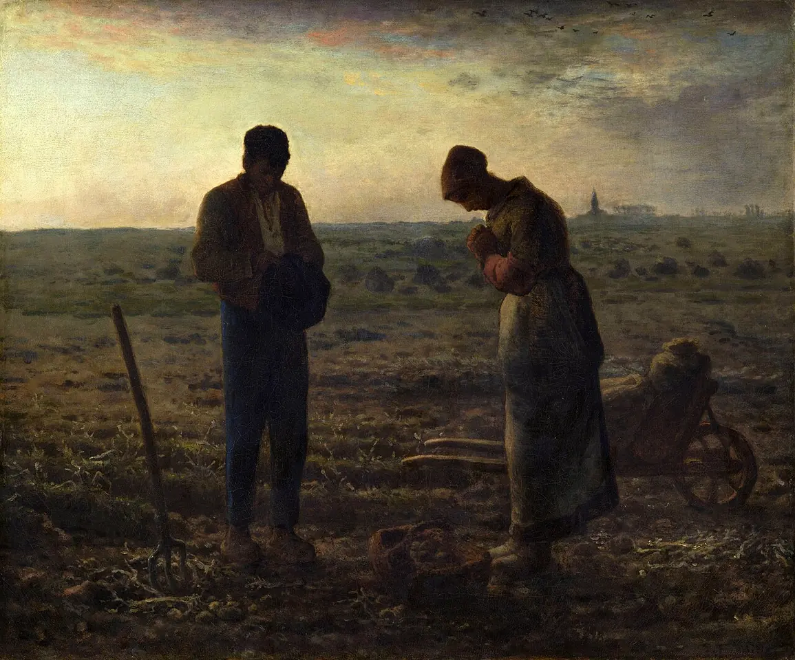A farm couple stand in a potato field at dusk with heads bowed in prayer, a basket, a pitchfork and a wheelbarrow beside them and a church steeple on the horizon