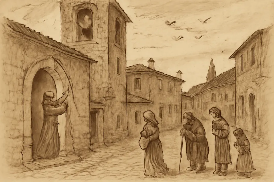 Ink-drawing-style illustration of a medieval Franciscan friar ringing a church bell at dusk while townspeople stop in the street to pray