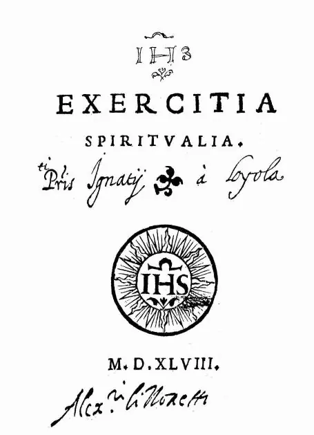 Portada impresa con el título Exercitia Spiritualia, el monograma IHS dentro de un sol radiante y la fecha M.D.XLVIII