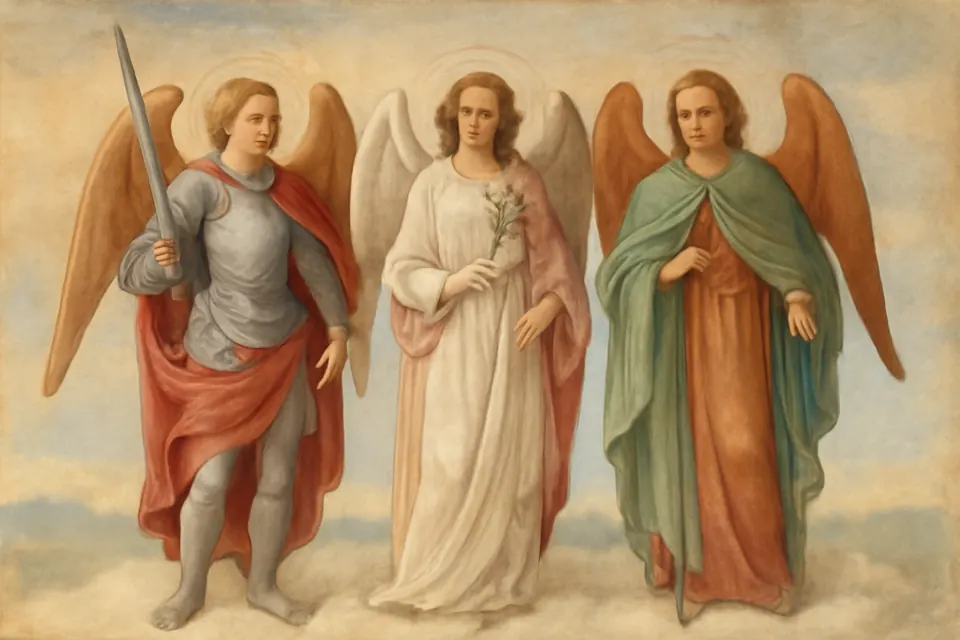 Ilustración en estilo fresco de tres arcángeles de pie sobre las nubes, uno con armadura y espada, otro con un lirio y el tercero con un bastón de peregrino