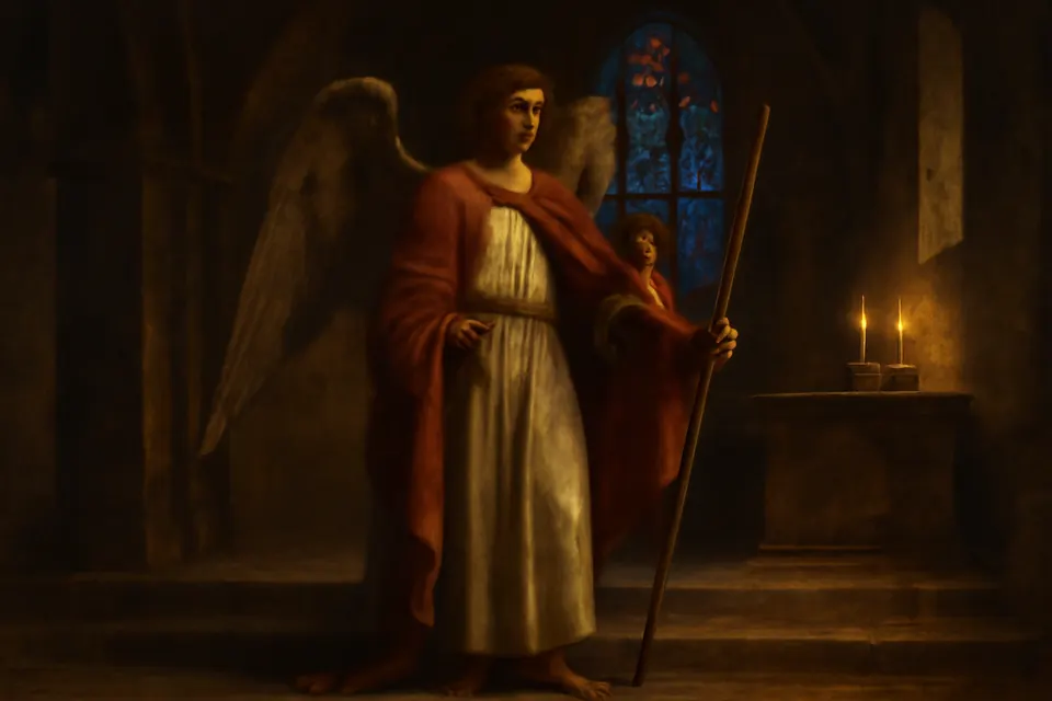 Oil-painting-style illustration of a robed angel holding a golden chalice and a tall staff in a dim stone church, lit by a stained-glass window behind him