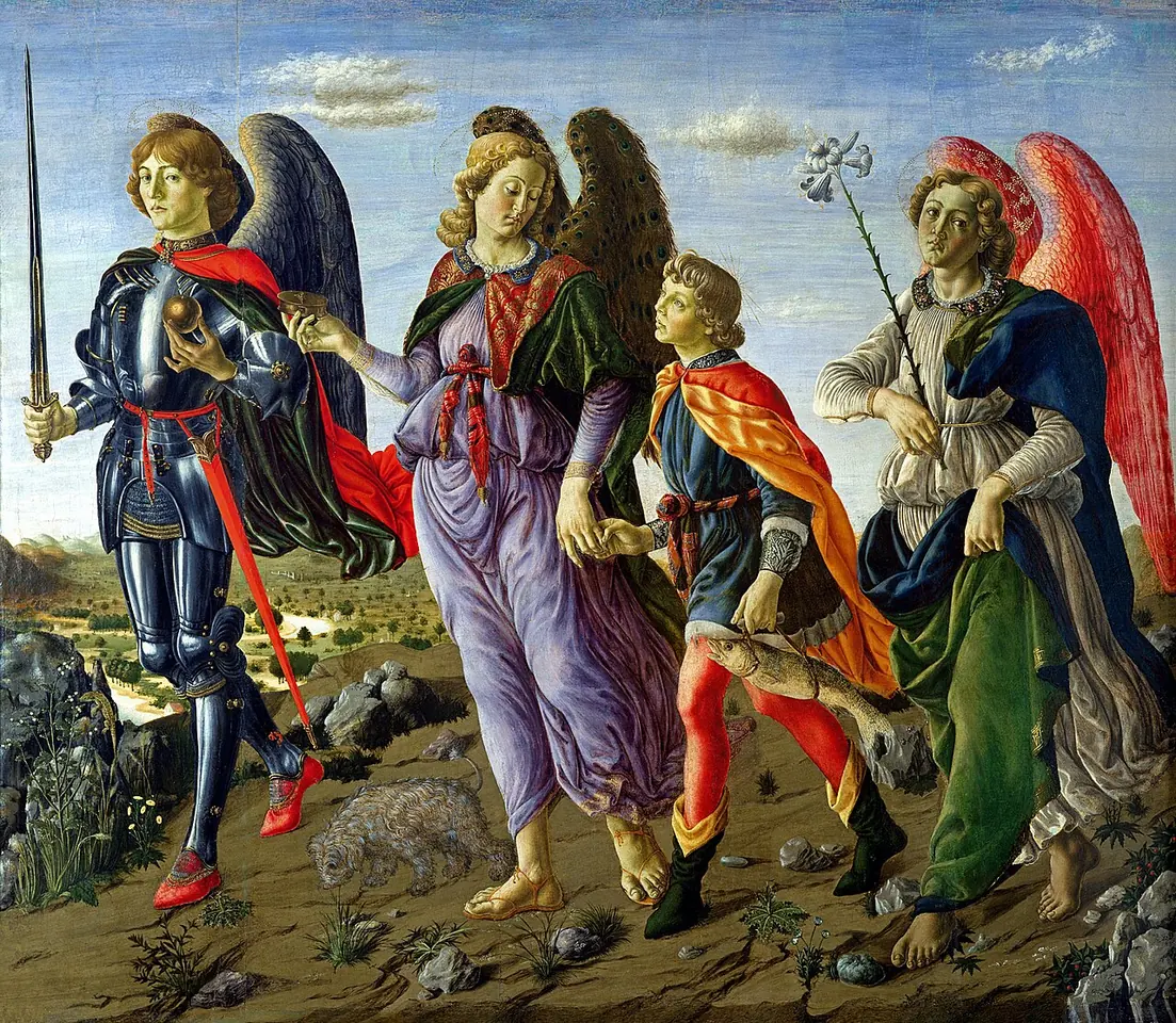 Renaissance painting of three winged archangels walking through a landscape, Michael in armor with a sword, Raphael leading the boy Tobias by the hand, and Gabriel holding a lily