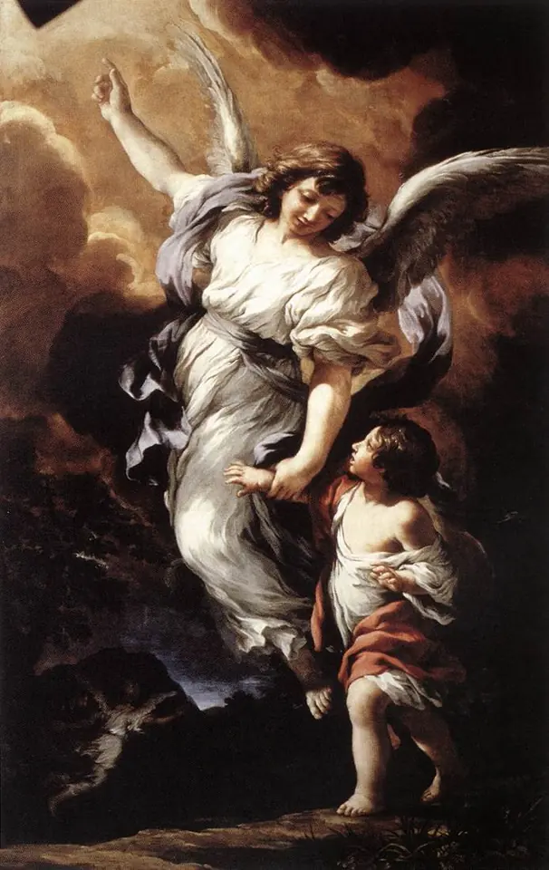 Baroque painting of a tall angel in white robes pointing to heaven while leading a small child by the hand through a dark landscape