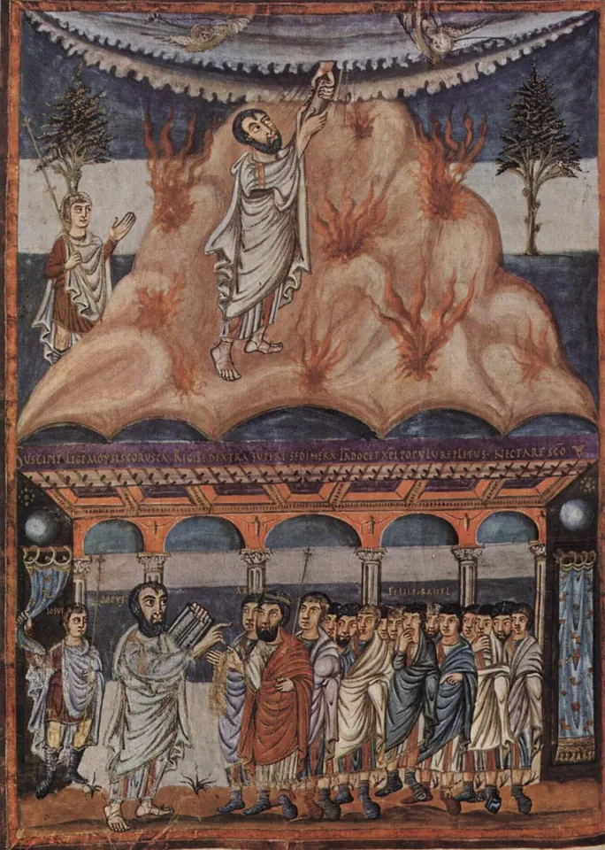 Medieval manuscript painting in two bands, above Moses on a fiery mountain receiving the tablets from the hand of God, below Moses reading the Law to a crowd of Israelites