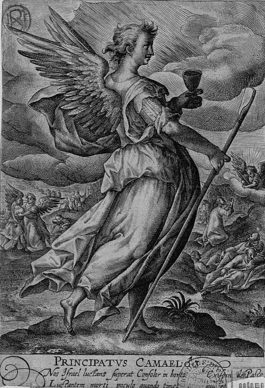 Engraving of a winged angel in flowing robes striding through clouds, holding up a chalice in one hand and a long staff in the other, with a Latin inscription below