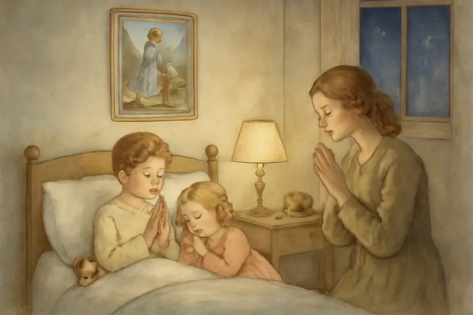 Watercolor-style illustration of a mother and two small children kneeling beside a bed at night to pray, with a small picture of a guardian angel on the wall