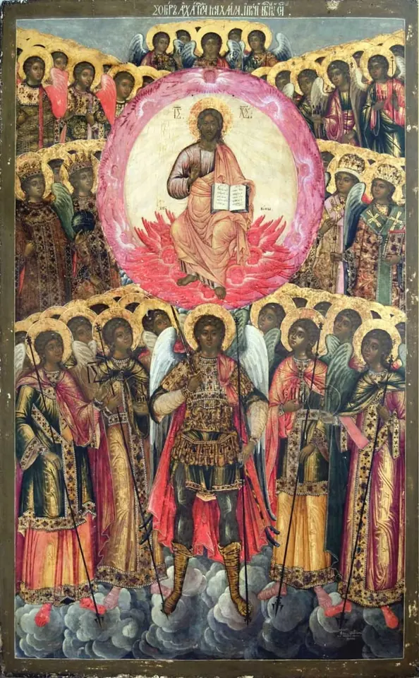 Russian icon of Christ in a red circle of light above ranks of winged archangels in armor and robes standing on clouds