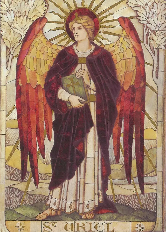 Mosaic of a red-winged angel in a dark red cloak with a golden halo of rays, holding a closed book, with the words St Uriel below