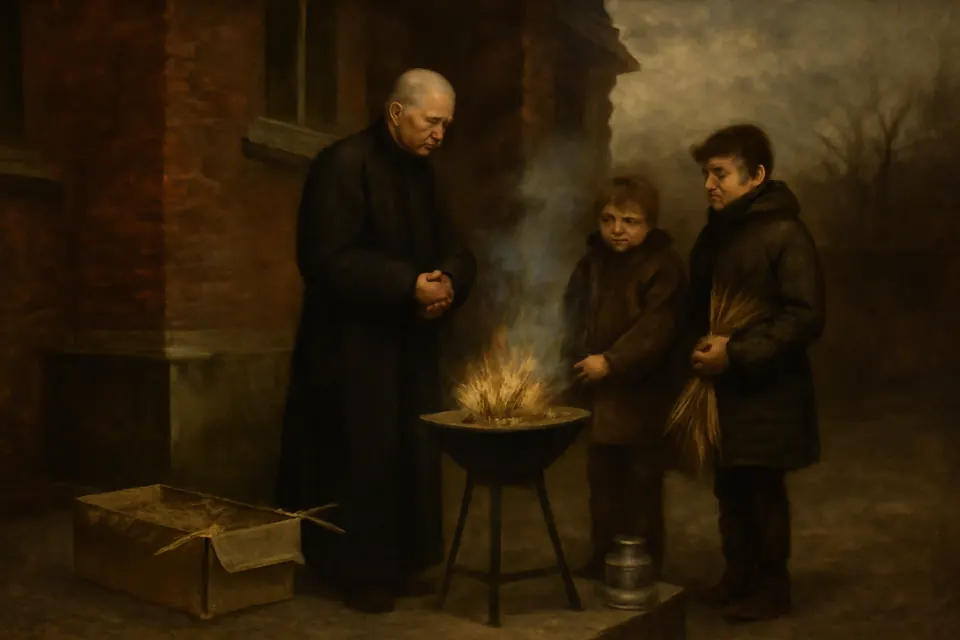Oil-painting-style illustration of a priest and two altar servers burning last year's dried palms in a metal bowl behind a church to make the ashes for Ash Wednesday