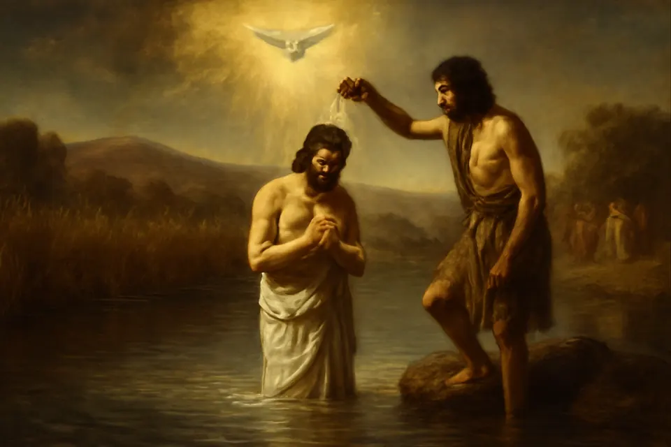 Oil-painting-style illustration of John the Baptist pouring water over the head of Jesus as he stands in the Jordan River, a white dove descending in a shaft of light