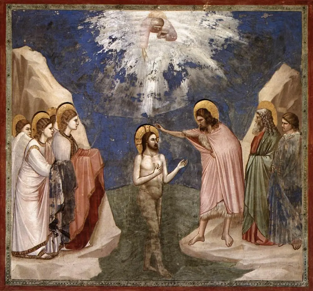 Fresco of Christ standing waist-deep in a mound of water between rocky hills, John laying a hand on his head, angels holding his robes on the left and God the Father appearing in a burst of light above