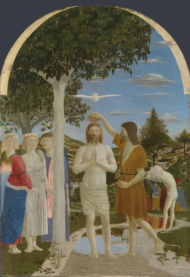 Calm Renaissance panel of Christ standing in a shallow stream with hands joined as John pours water from a bowl over his head, a white dove hovering above, three angels beside a tree and a man undressing behind