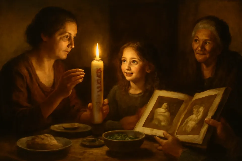 Oil-painting-style illustration of a mother lighting a white baptismal candle on the dinner table as her family remembers a child's baptism day