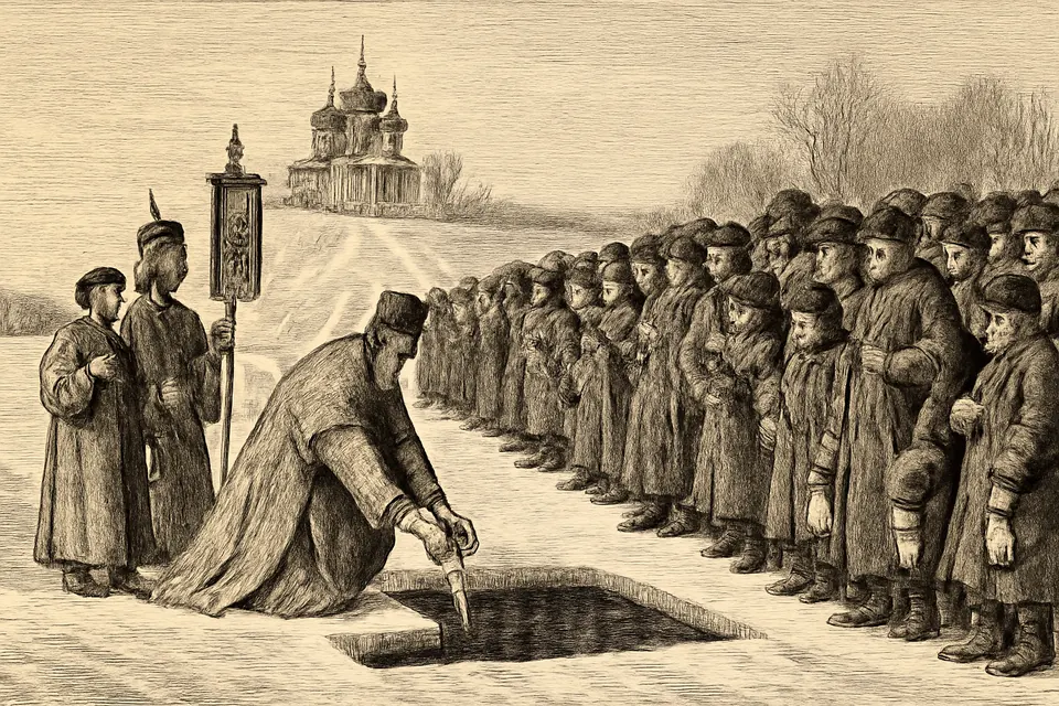 Engraving-style illustration of an Eastern priest in vestments plunging a cross into a river at the Great Blessing of Waters while a crowd in winter coats watches from the snowy bank