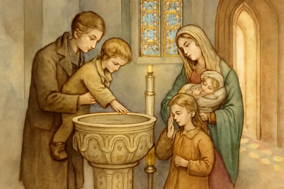 Watercolor-style illustration of a family at the baptismal font of their parish after Sunday Mass, a father helping his small son touch the water and make the sign of the cross