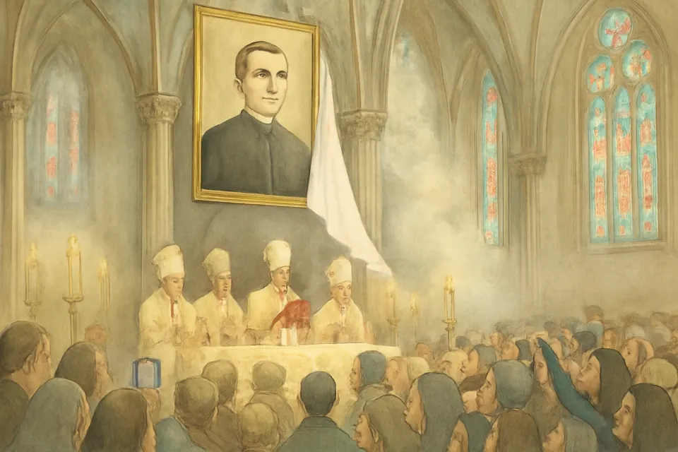 Illustration of a large banner portrait of a newly beatified priest being unveiled above the altar of a crowded cathedral during a beatification Mass