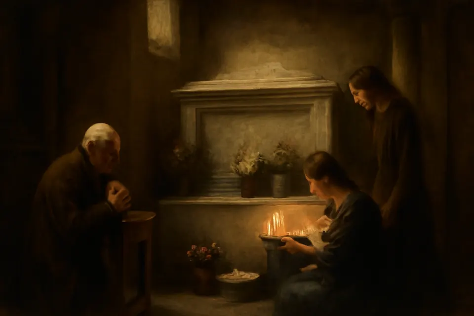 Illustration of people praying quietly at the marble tomb of a Venerable in a side chapel, leaving written petitions and flowers