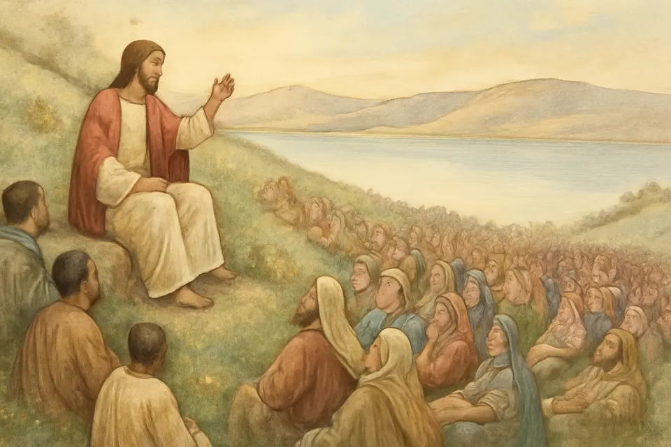 Oil-painting-style illustration of Jesus seated on a grassy hillside above the Sea of Galilee, teaching a large crowd of men, women and children at sunrise