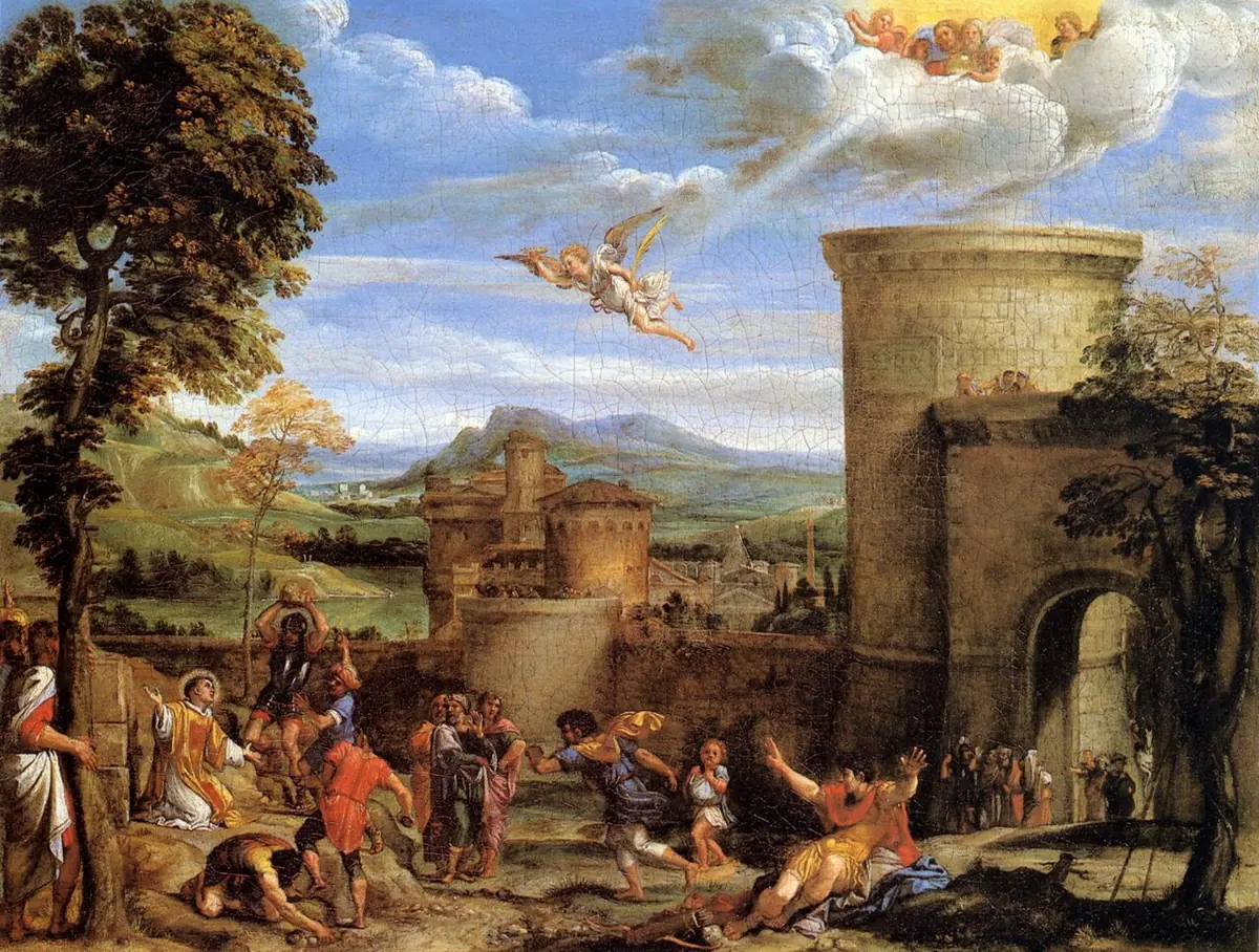 Landscape painting of St. Stephen kneeling as men hurl stones at him outside a city wall, while an angel flies down from the opening heavens with a martyr's crown