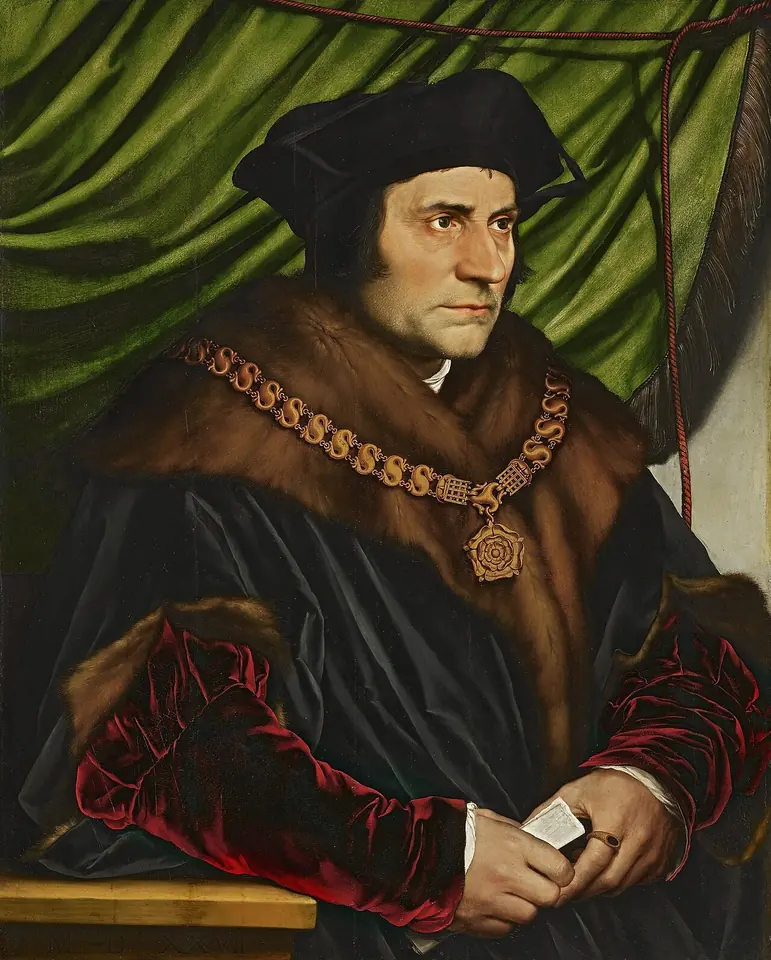 Half-length portrait of Thomas More in a black cap, fur-trimmed robe with red velvet sleeves and a gold chain of office, in front of a green curtain