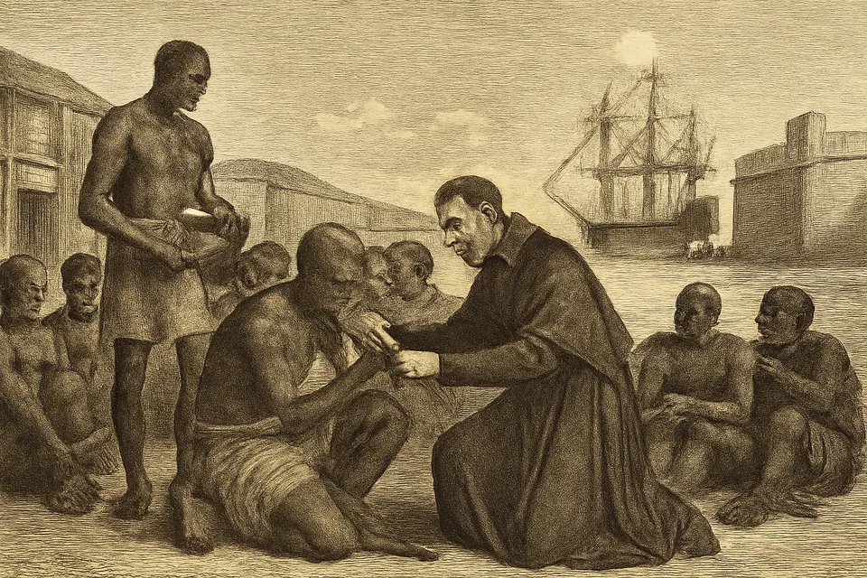 Engraving-style illustration of St. Peter Claver bringing water and fruit to enslaved Africans just brought ashore at the port of Cartagena