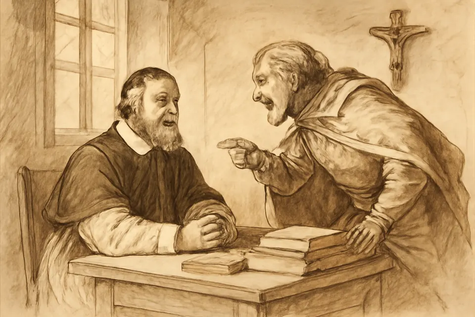 Ink-drawing-style illustration of St. Francis de Sales listening calmly to an angry man who is shouting at him