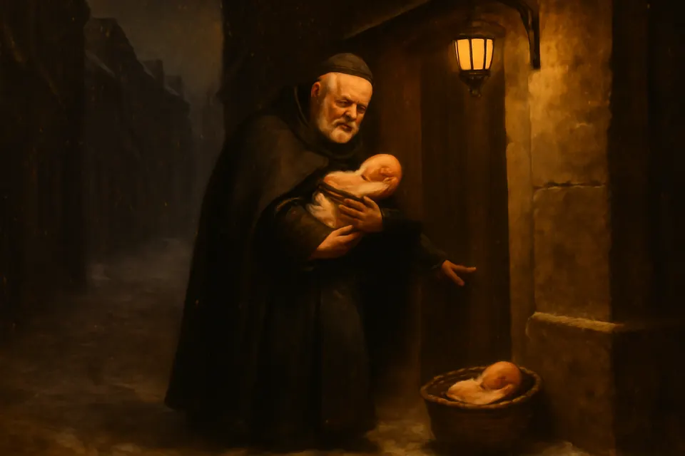 Oil-painting-style illustration of St. Vincent de Paul carrying an abandoned infant through a snowy Paris street at night