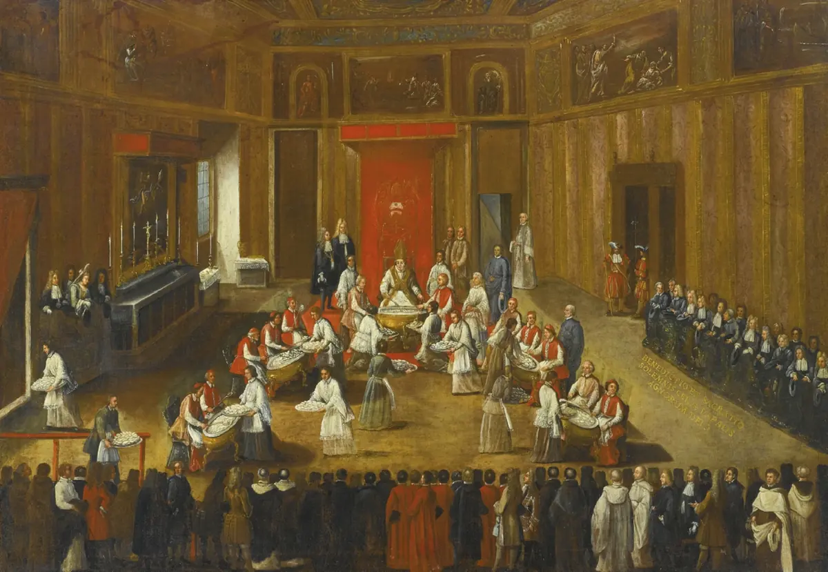Painting of a long paneled hall where a pope and cardinals in white and red sit at basins of water blessing wax medallions, watched by rows of clergy and friars