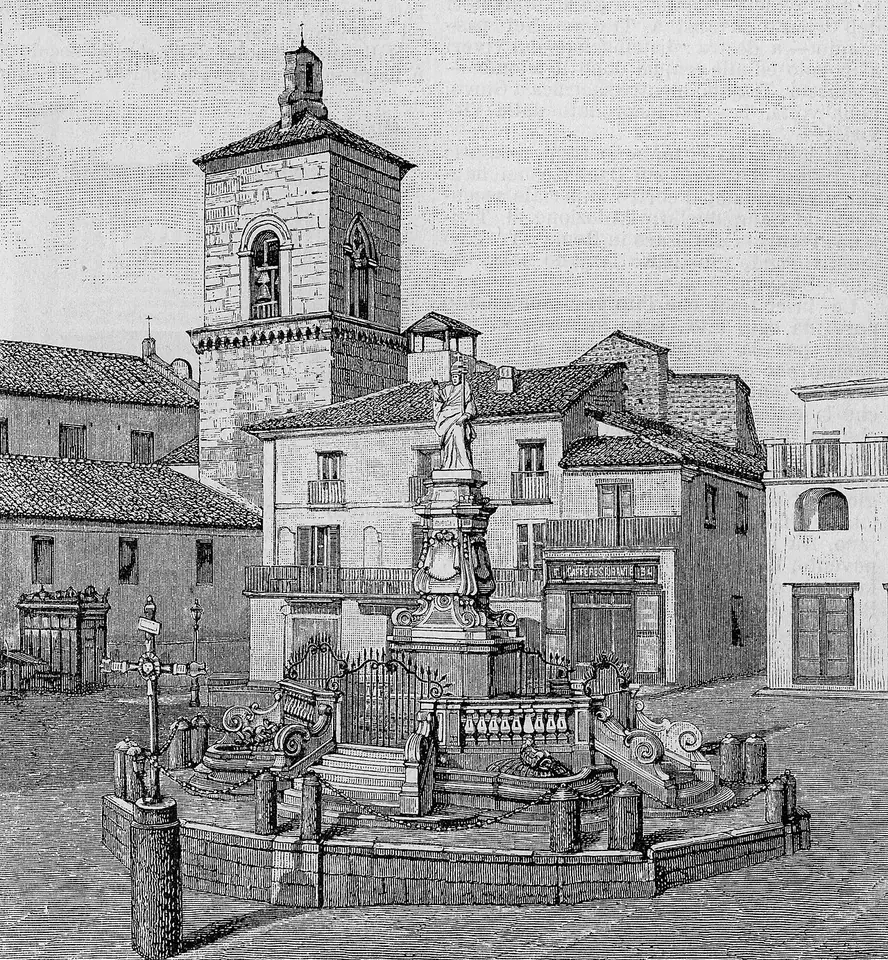 Nineteenth-century wood engraving of a small town square with a column monument and statue surrounded by a railing, beside a stone bell tower and plain houses