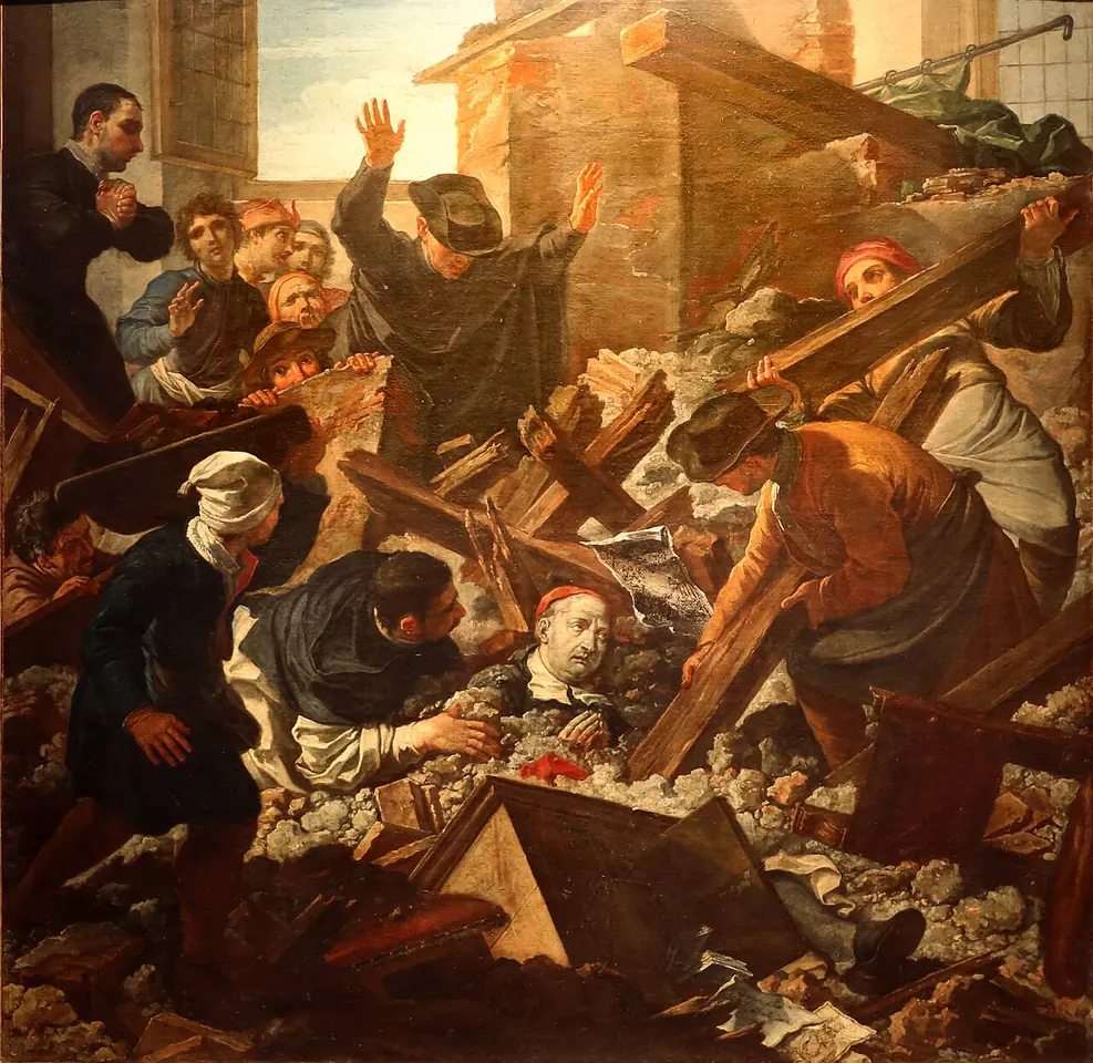Baroque painting of men pulling away beams and stones from a collapsed room to free a cardinal in a red skullcap trapped in the rubble, while others raise their arms in alarm