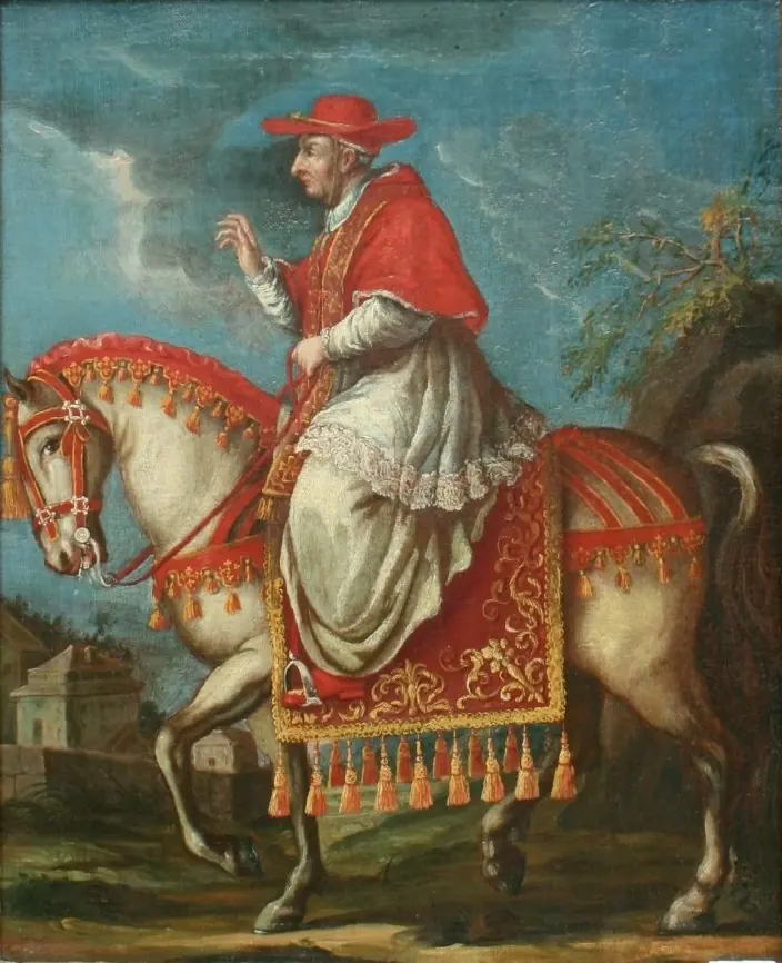 Painting of an elderly prelate in a red hat and white rochet riding a white horse with a red fringed saddlecloth, raising his hand in blessing