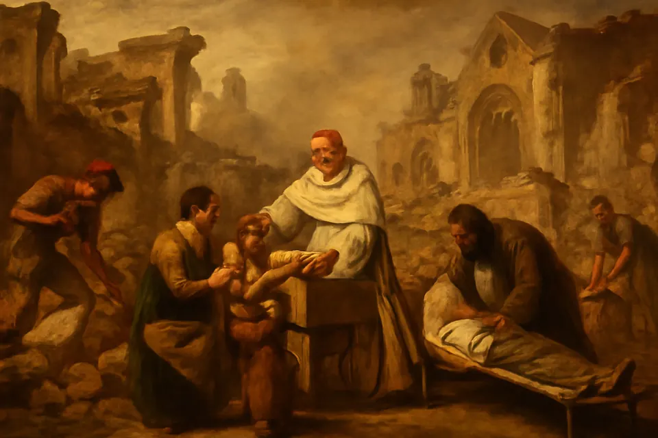 Oil-painting-style scene of a cardinal in a white friar's habit handing out bread to families among the ruins of an earthquake-struck southern Italian town