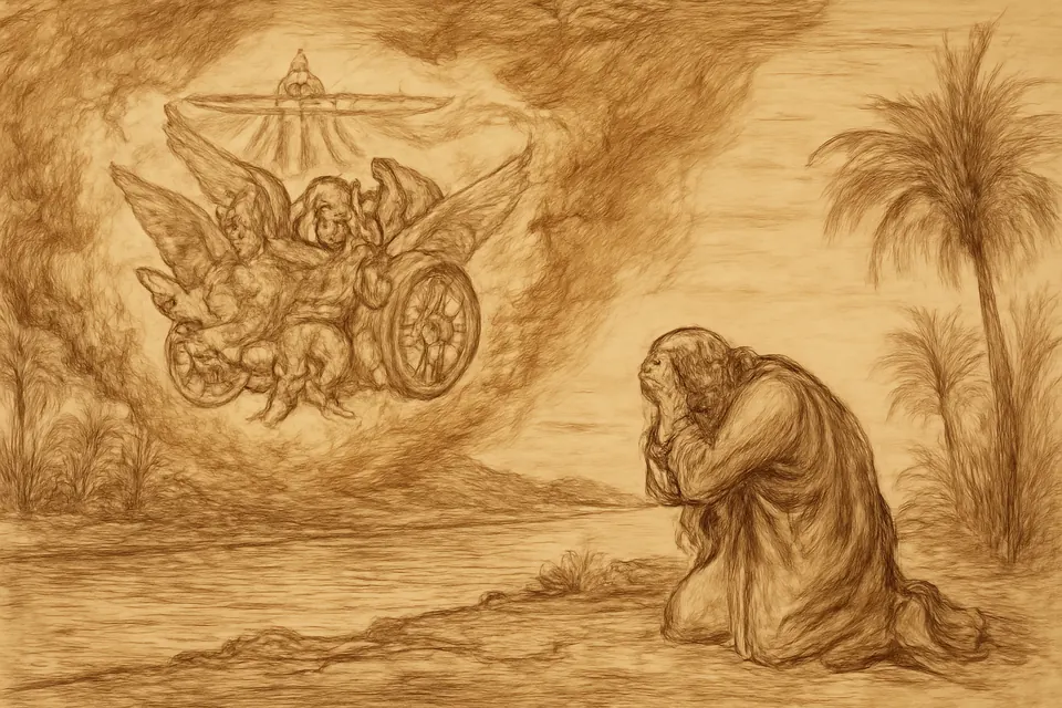 Engraving-style illustration of the prophet Ezekiel by a river, shielding his eyes before a storm cloud of fire holding winged creatures and great wheels full of eyes