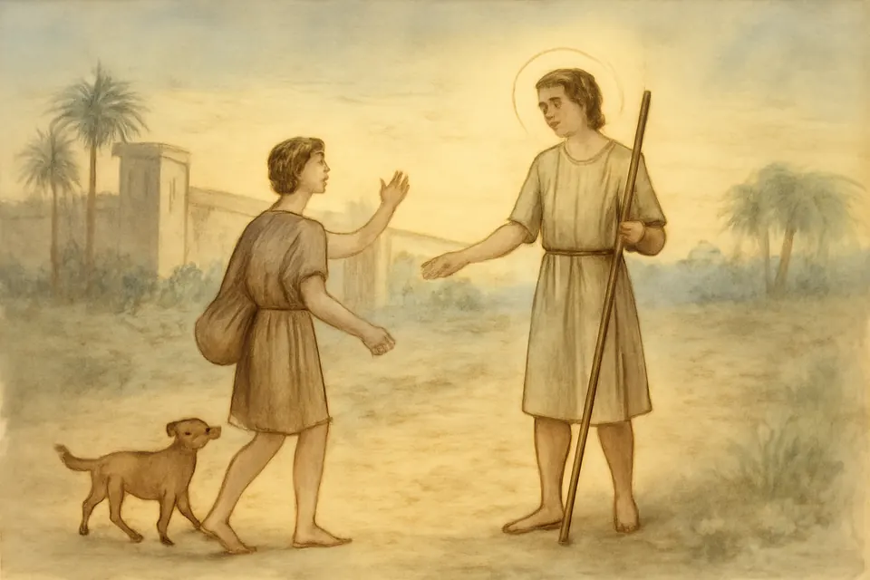 Watercolor-style illustration of young Tobias meeting a friendly young traveler on the road, not knowing he is the archangel Raphael