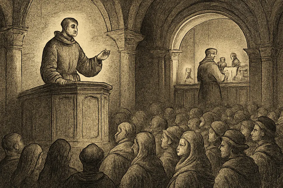 Engraving-style illustration of a Franciscan friar preaching from a pulpit in a crowded medieval church while the same friar is seen singing at a lectern in the choir behind a screen