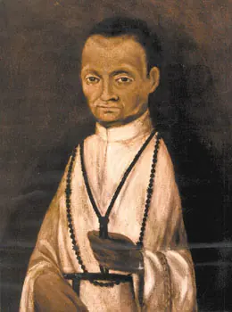 Old painting of a dark-haired friar with a thin face and downcast eyes, in a light habit, a long rosary around his neck and a small object in his hands