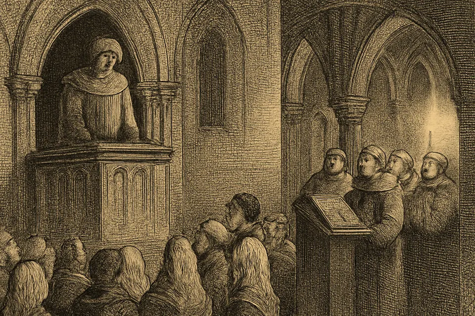Engraving-style illustration of St. Anthony of Padua pausing in his sermon in a church at Limoges on Holy Thursday night, while his figure appears among the friars in their choir