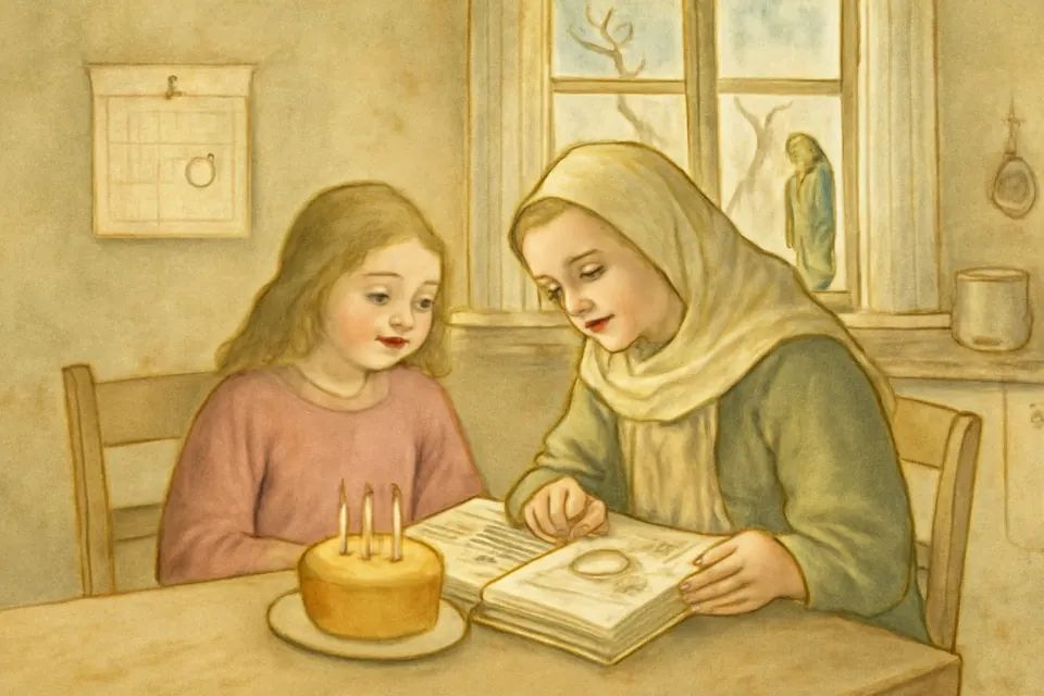 Watercolor-style illustration of a grandmother and granddaughter at a kitchen table with a birthday cake, turning the pages of a book of saints arranged by the days of the year