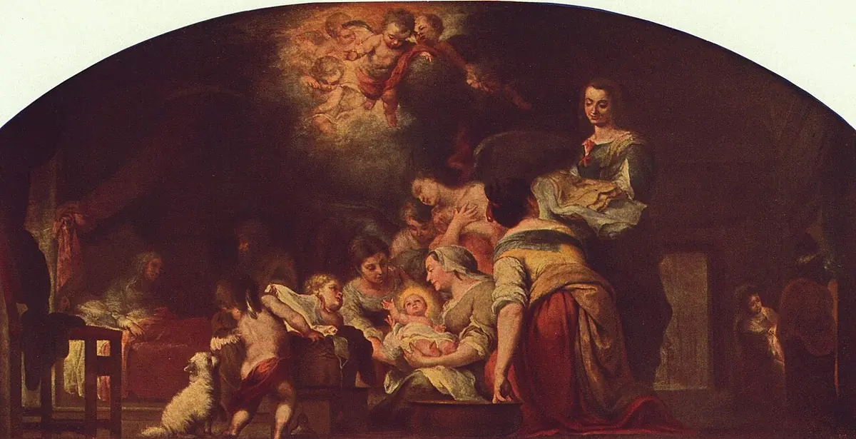 Baroque painting of women and angels gathered around the newborn Virgin Mary, bathing and admiring her in a warm glow, while St. Anne rests in bed in the shadows