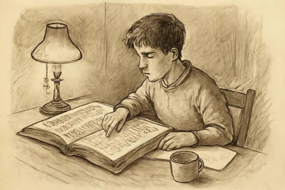 Ink-drawing-style illustration of a teenage boy at a desk running his finger down the page of a large book of saints for each day of the year